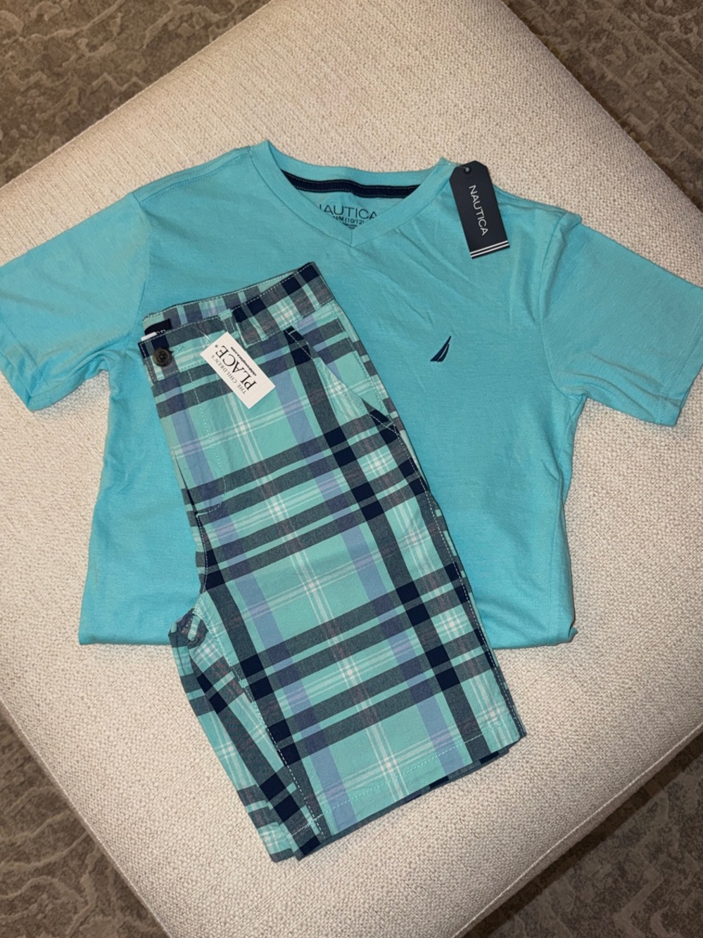 Nautica Aqua V-Neck Tee with Children’s Place Teal & Navy Plaid Shorts
